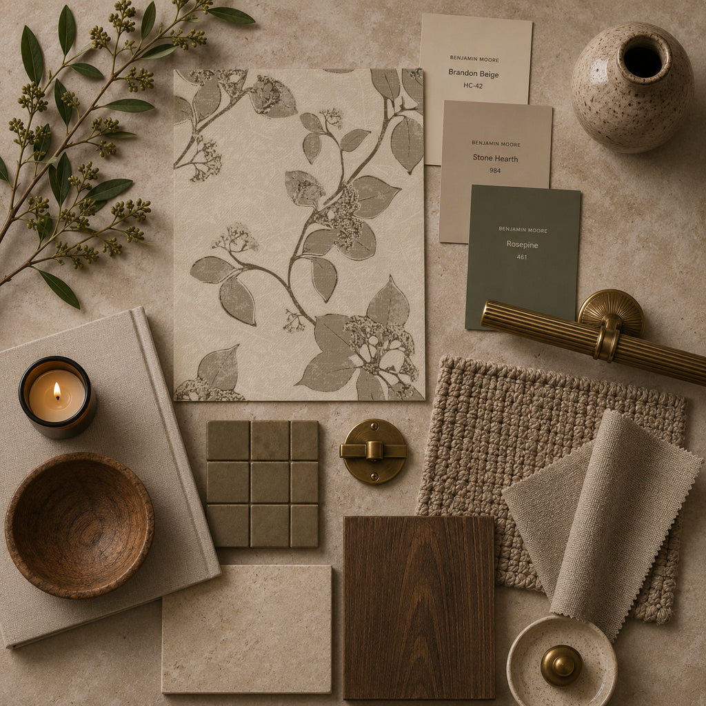 Floral vine sage wallpaper with earthy decor elements in a flatlay.