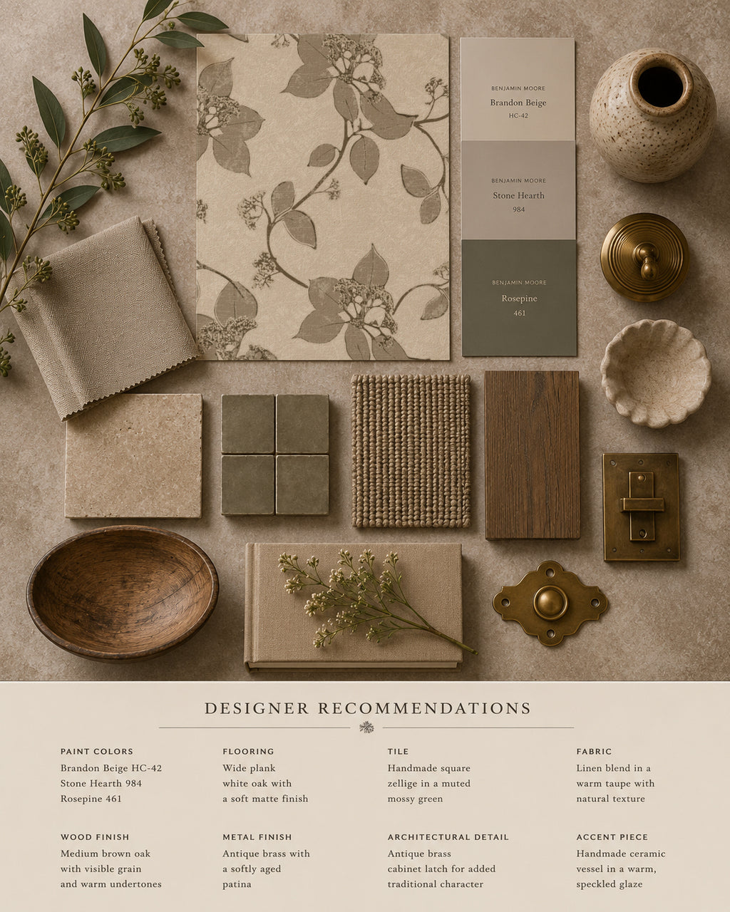 Floral vine sage wallpaper sample with earthy decor elements.