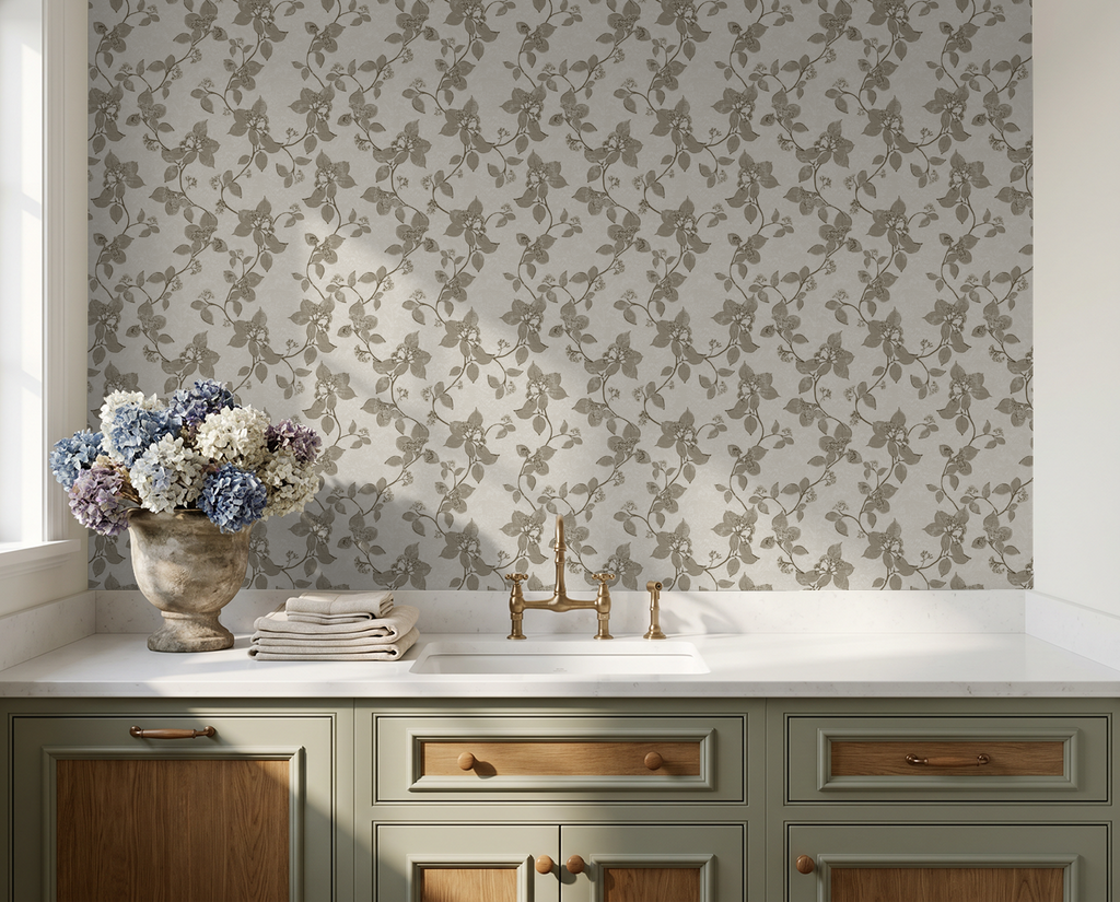 Floral vine wallpaper in sepia tones above a kitchen sink with vintage decor.