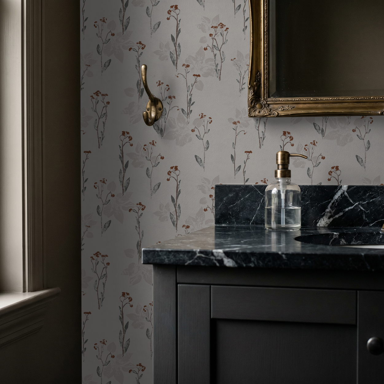 Floral wallpaper with muted earth tones in elegant bathroom setting.
