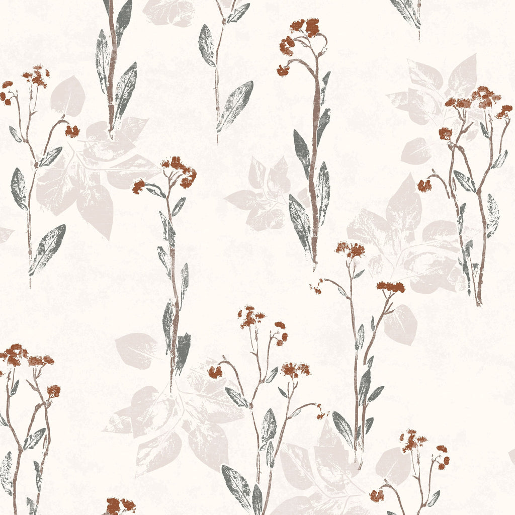 Floral wallpaper with muted earth tones on cream background featuring delicate botanical motifs.