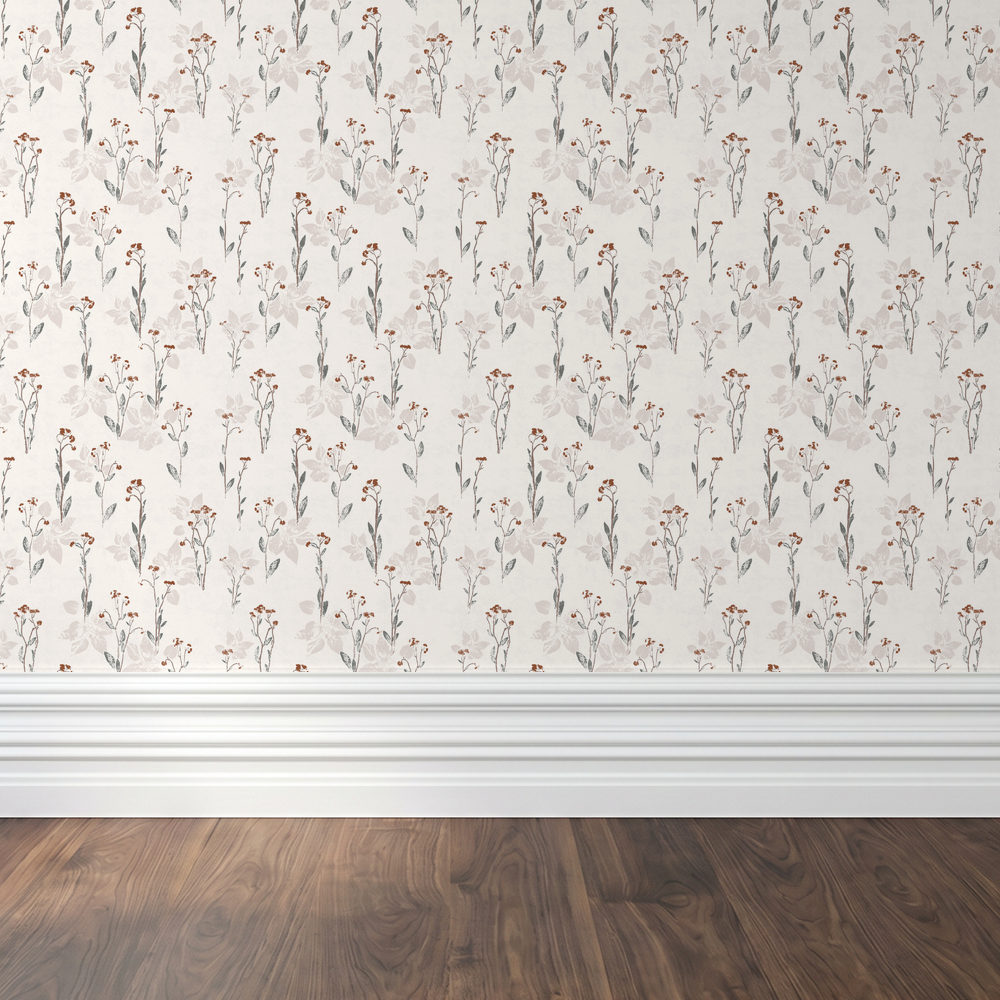 Floral wallpaper with muted earth tones on cream backdrop in a room setting.