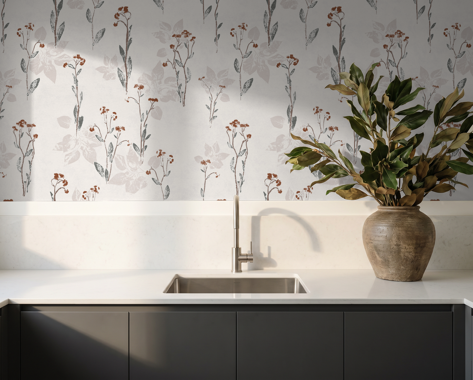 Floral wallpaper with muted earth tones in a modern kitchen setting.
