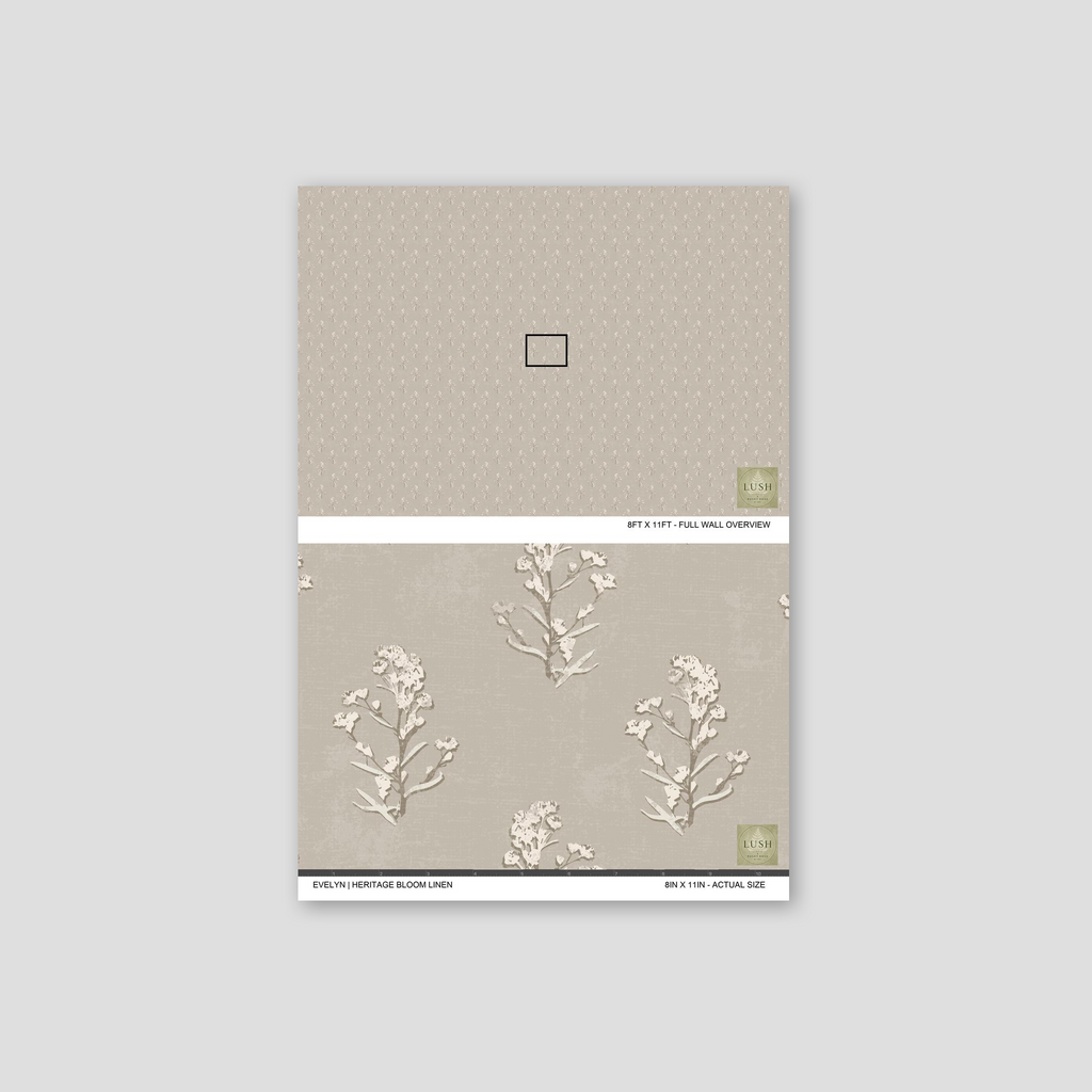 Floral wallpaper sample with muted earthy tones and delicate botanical motifs.