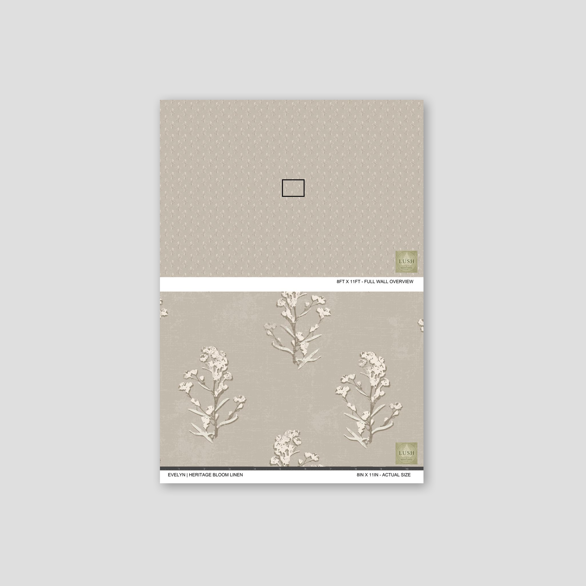Floral wallpaper sample with muted earthy tones and delicate botanical motifs.