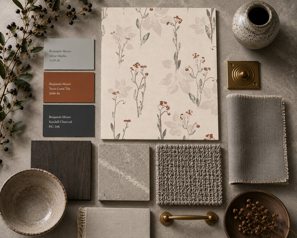 Floral wallpaper sample with earth tones, surrounded by fabric swatches and decor items.