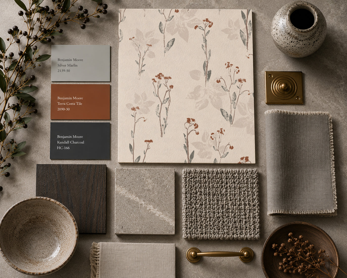 Floral wallpaper sample with earth tones, surrounded by fabric swatches and decor items.