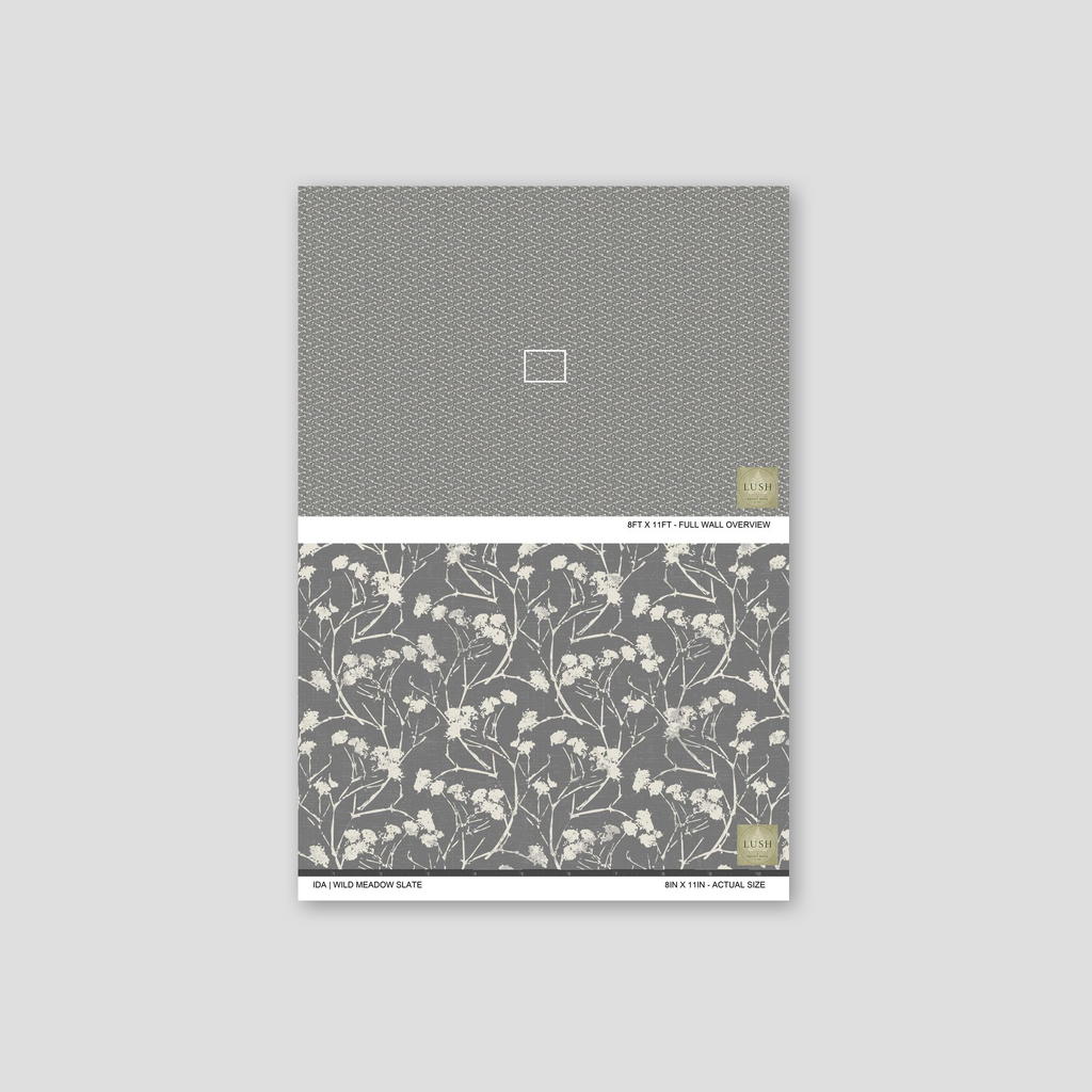 Floral wallpaper with delicate white flowers on a slate gray background.