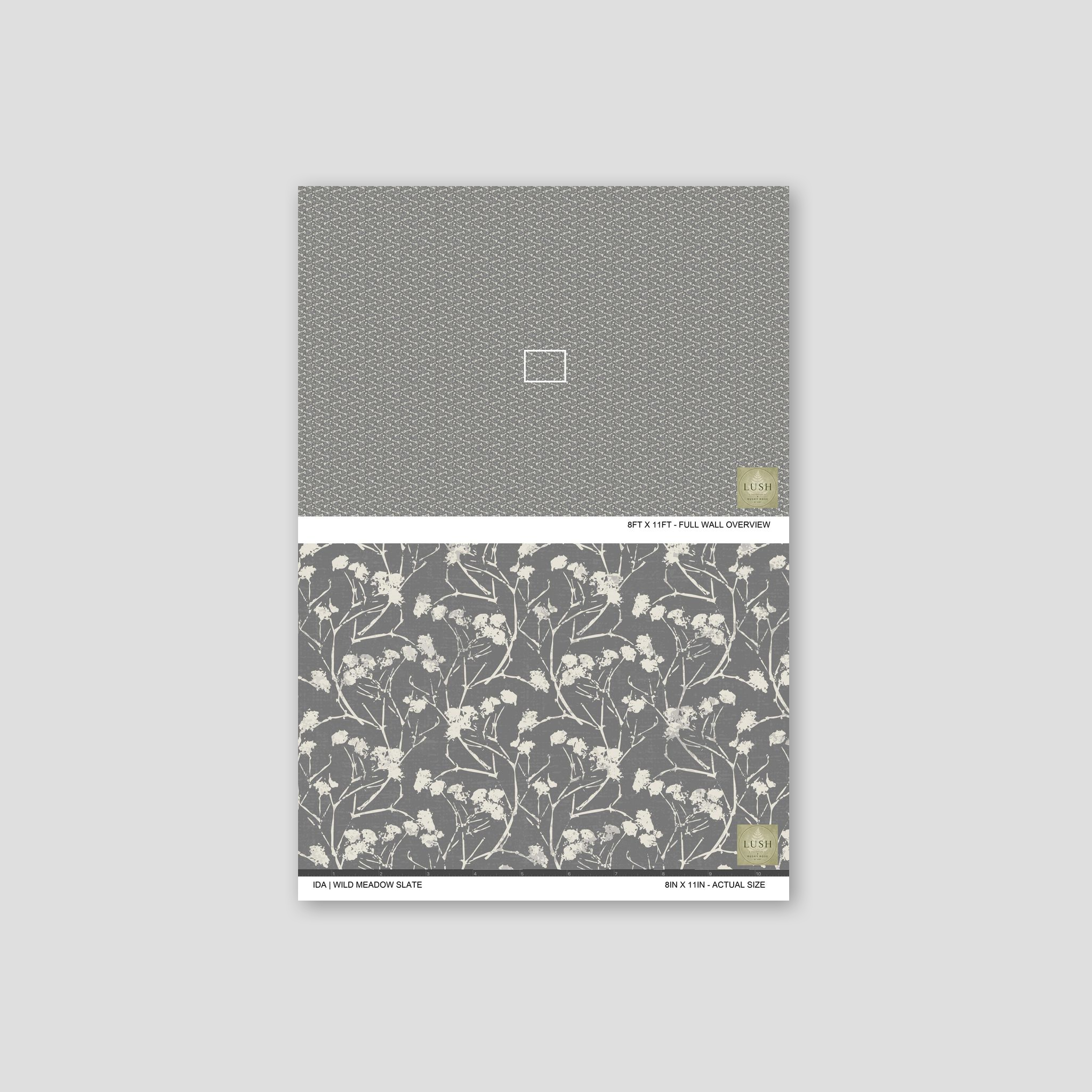 Floral wallpaper with delicate white flowers on a slate gray background.