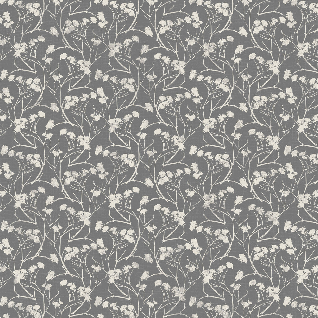 Floral wallpaper with white delicate flowers on a slate background.