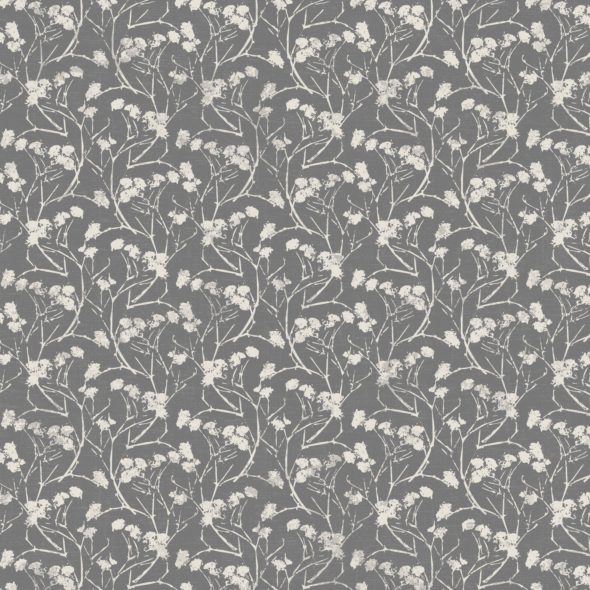Floral wallpaper with white delicate flowers on a slate background.