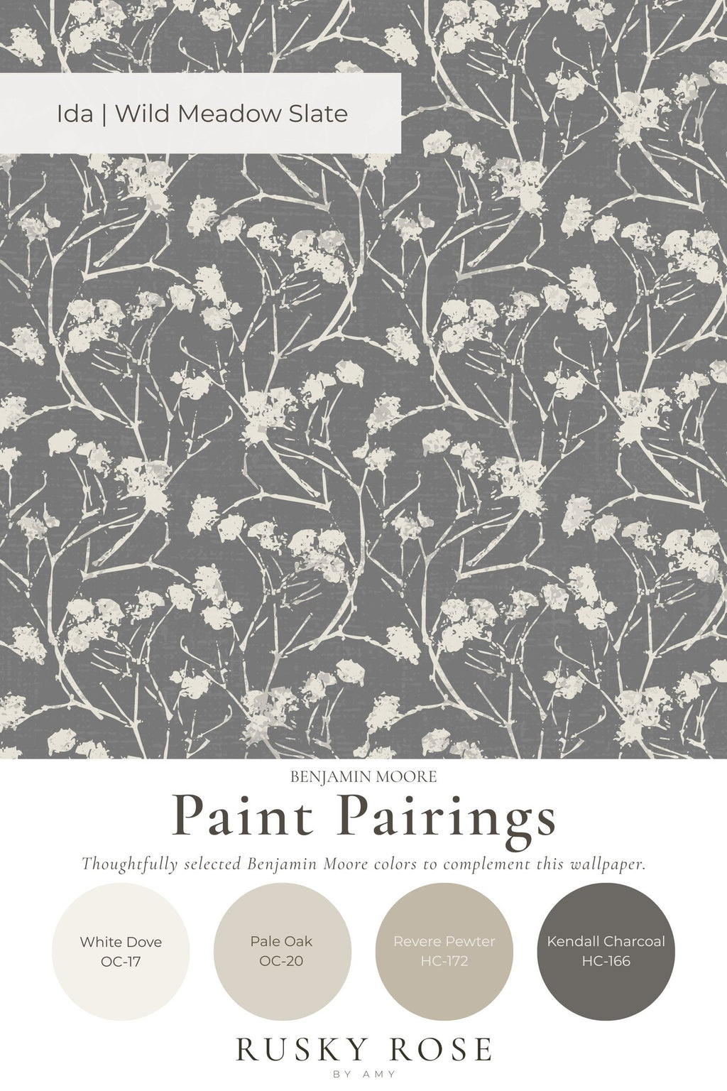 Floral wallpaper with delicate white flowers on a slate gray background.