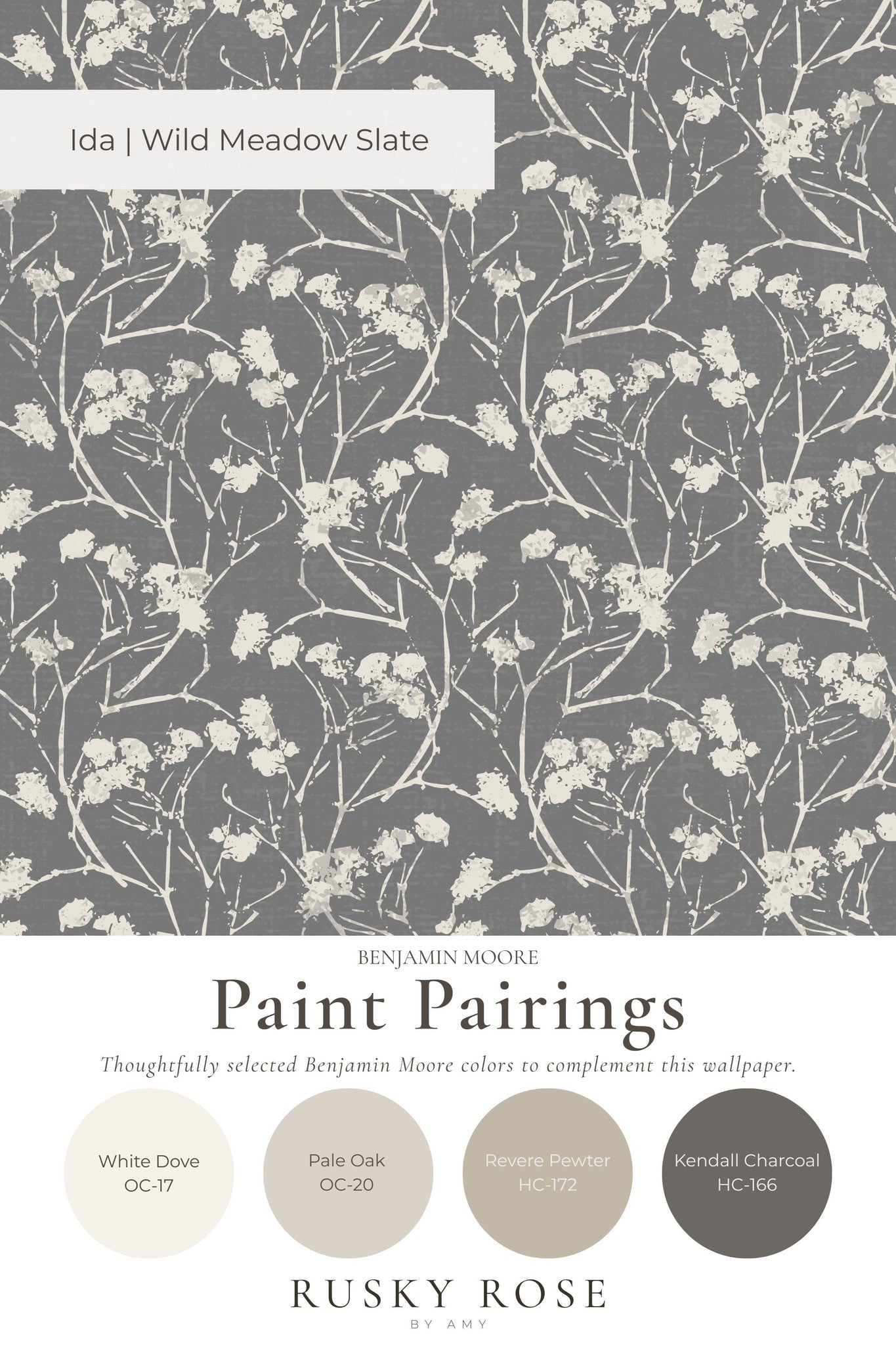 Floral wallpaper with delicate white flowers on a slate gray background.
