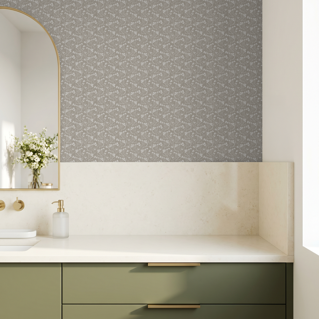 Floral wallpaper with delicate white patterns on stone backdrop in modern bathroom.