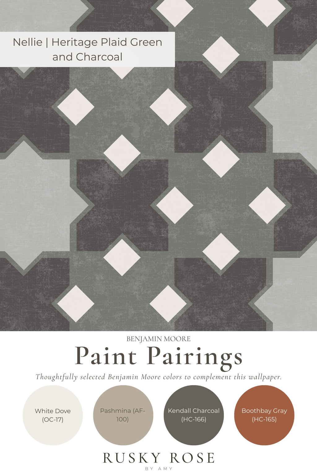 Geometric plaid wallpaper in green and charcoal with paint pairings.