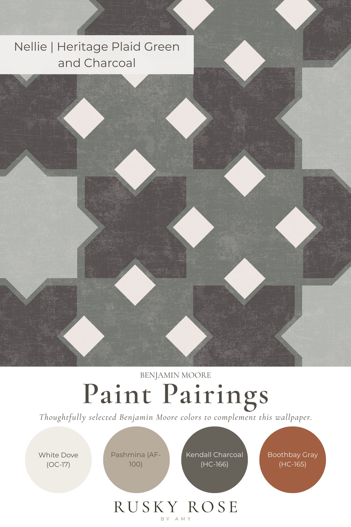 Geometric plaid wallpaper in green and charcoal with paint pairings.