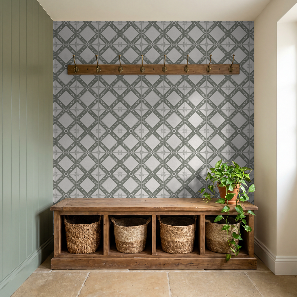 Geometric taupe and cream wallpaper in rustic hallway with wooden bench and baskets.