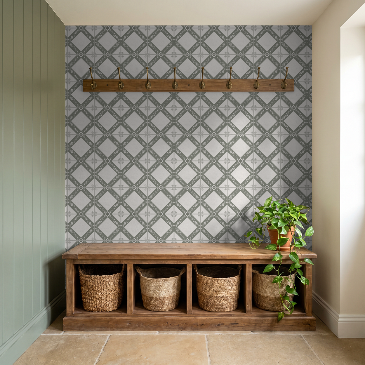 Geometric taupe and cream wallpaper in rustic hallway with wooden bench and baskets.