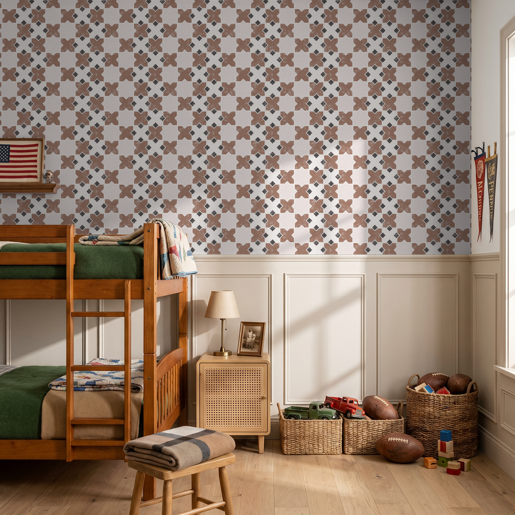 Geometric tile burnt orange wallpaper in cozy kids room with bunk bed.