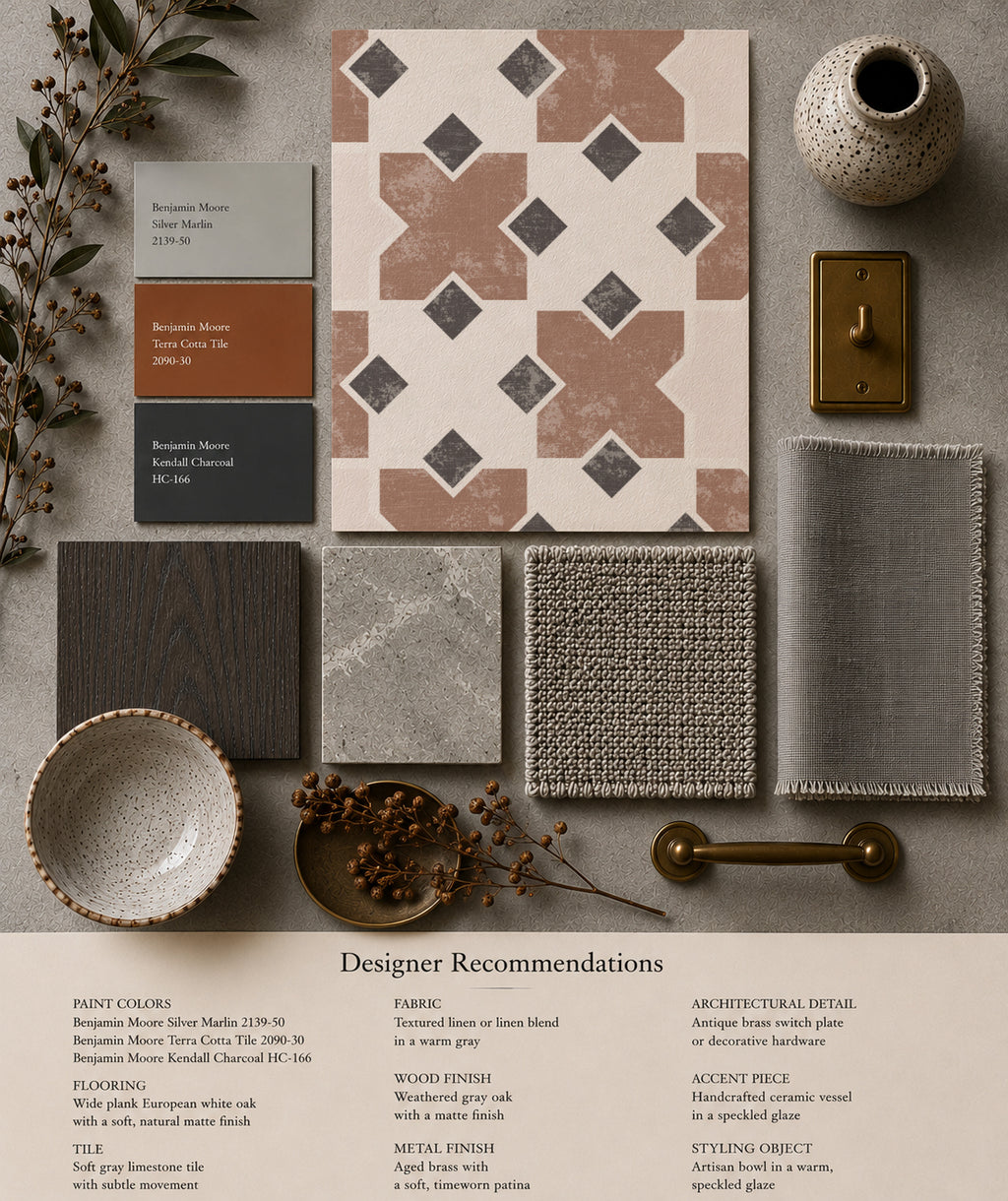 Geometric tile wallpaper in burnt orange with design materials and color swatches.