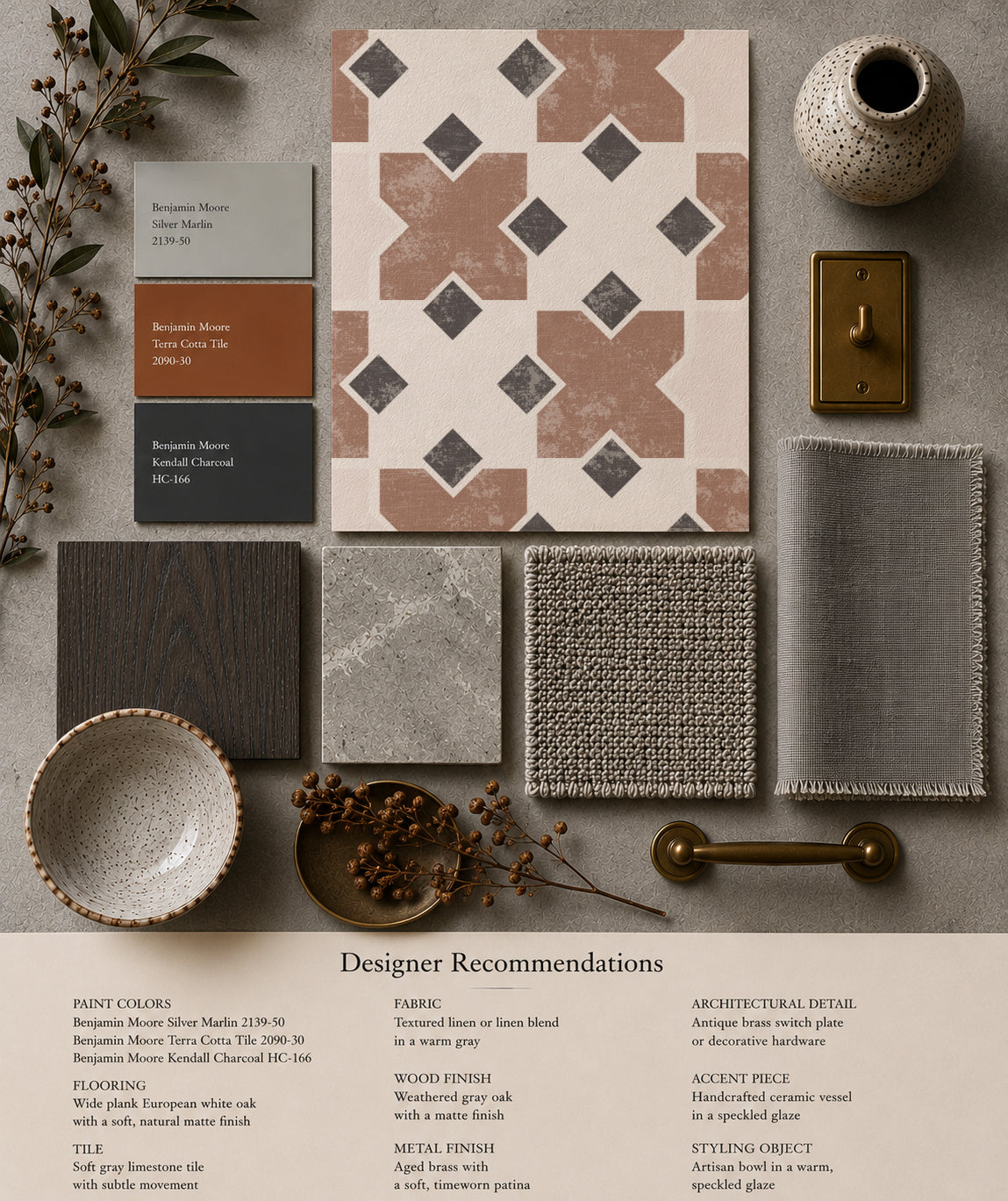 Geometric tile wallpaper in burnt orange with design materials and color swatches.