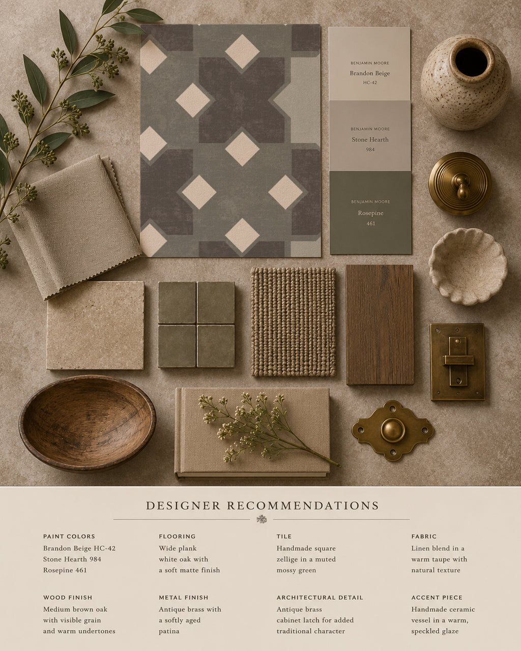 Geometric tile green wallpaper with complementary decor samples in neutral tones.