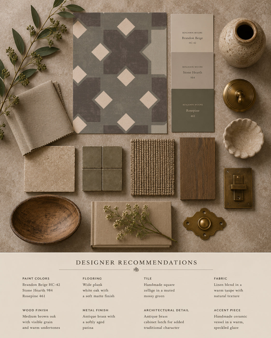 Geometric tile green wallpaper with complementary decor samples in neutral tones.