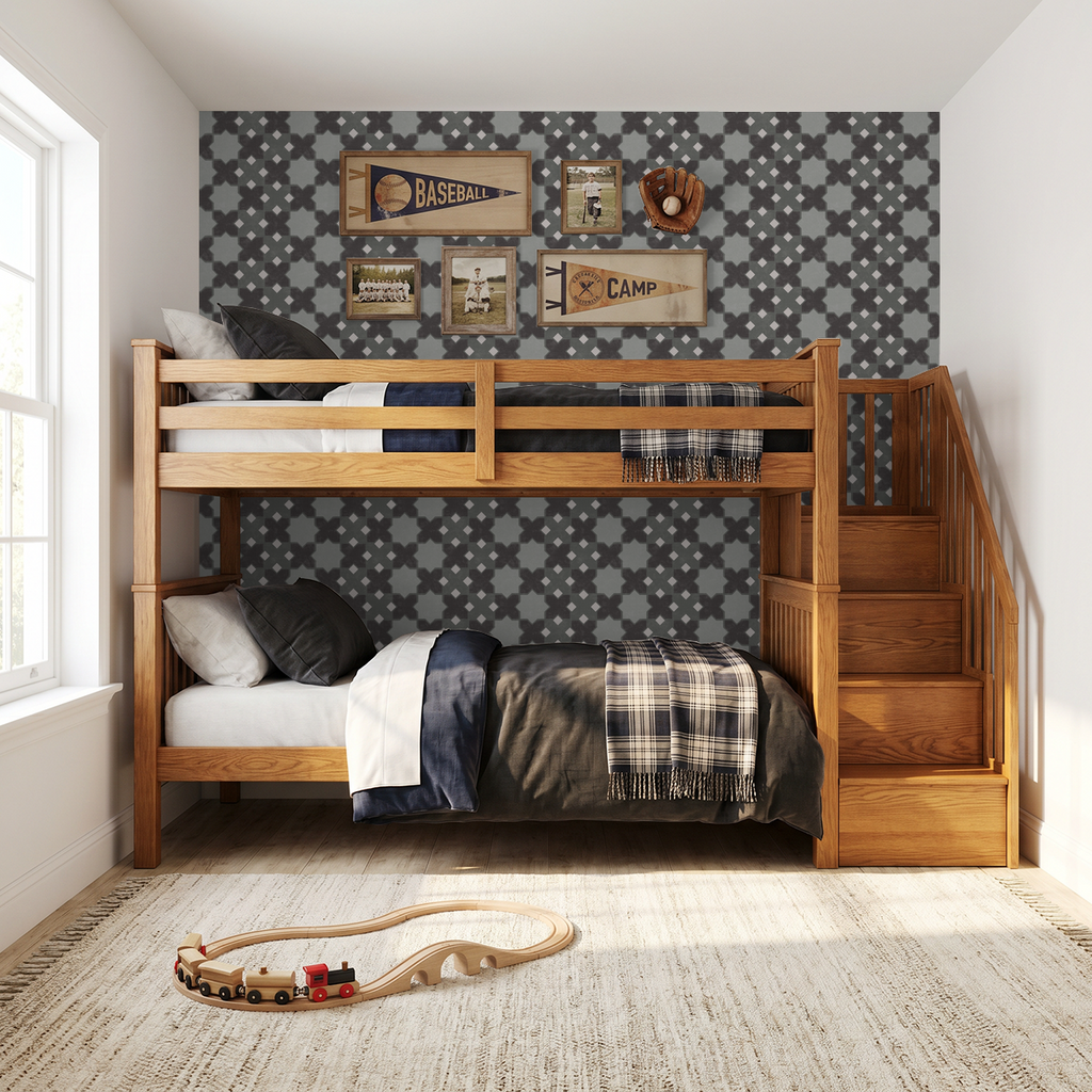 Geometric tile green wallpaper in kids room with wooden bunk bed and decor.