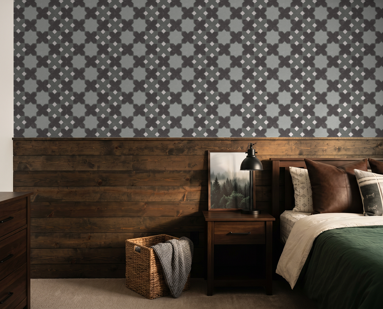 Geometric tile green wallpaper in modern bedroom with wood accents.