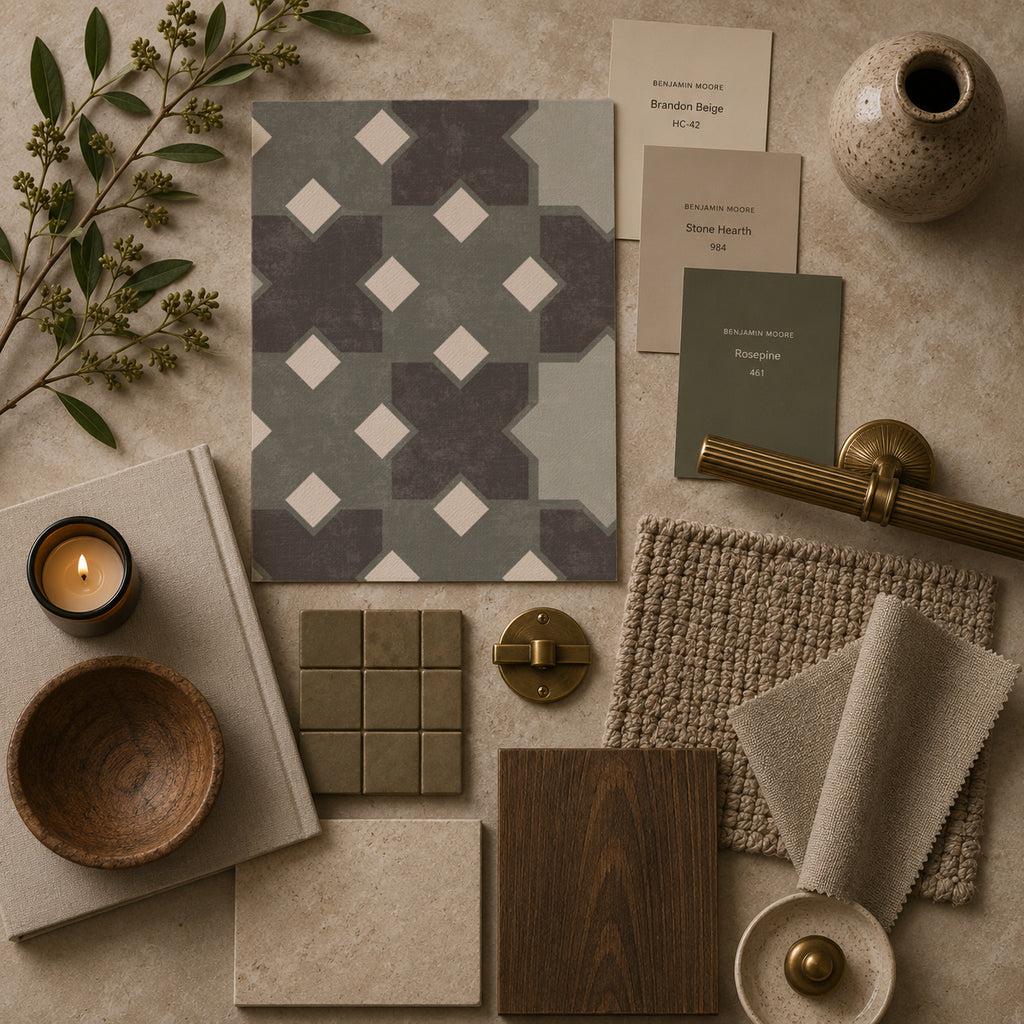 Geometric tile green wallpaper sample with decor elements in neutral tones.