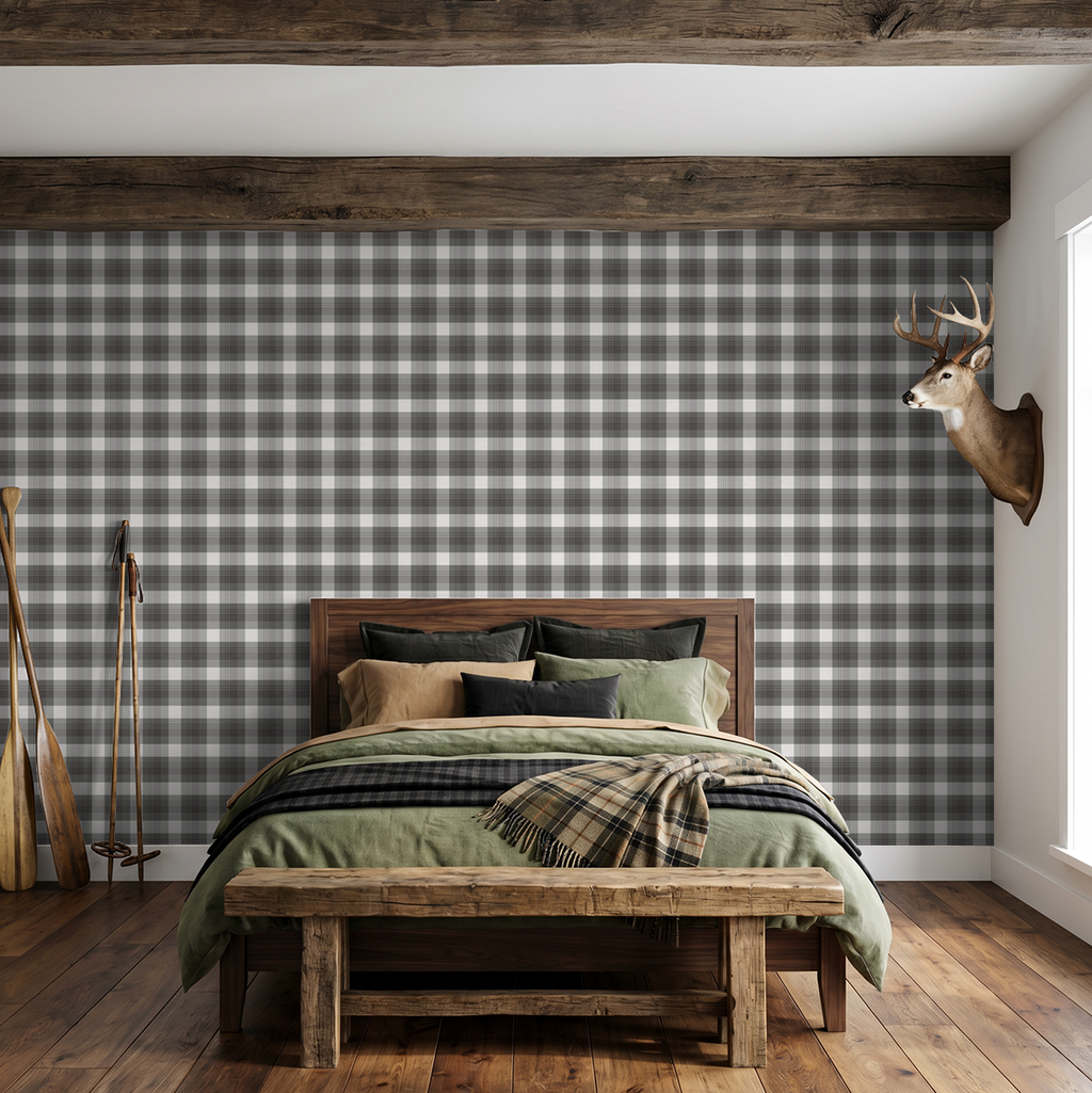 Green and charcoal plaid wallpaper in rustic bedroom with wooden beams and decor.