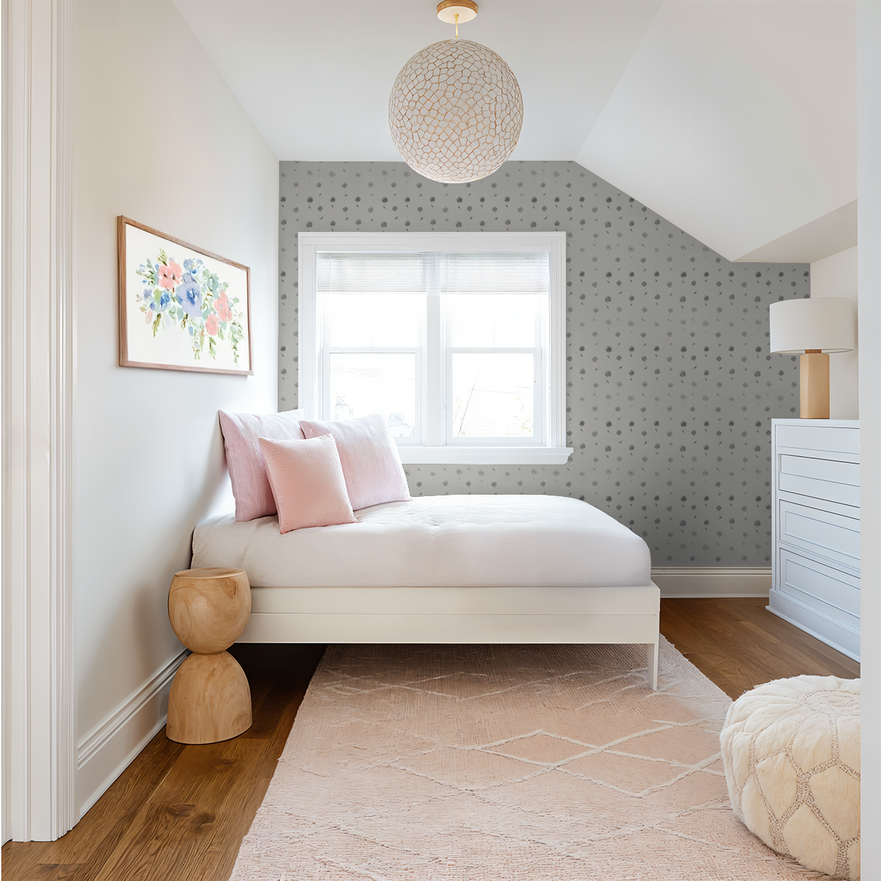 Bedroom with grey daisy stripe wallpaper, pink accents, and modern decor.