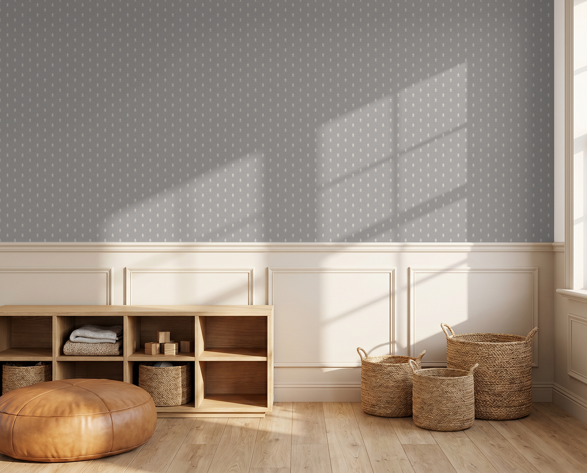 Grey damask wallpaper with subtle floral motifs in a sunlit room with wooden storage and baskets.