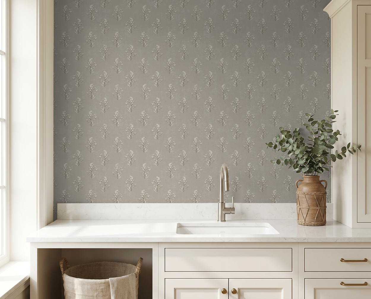 Heritage bloom linen wallpaper with floral pattern in elegant kitchen setting.