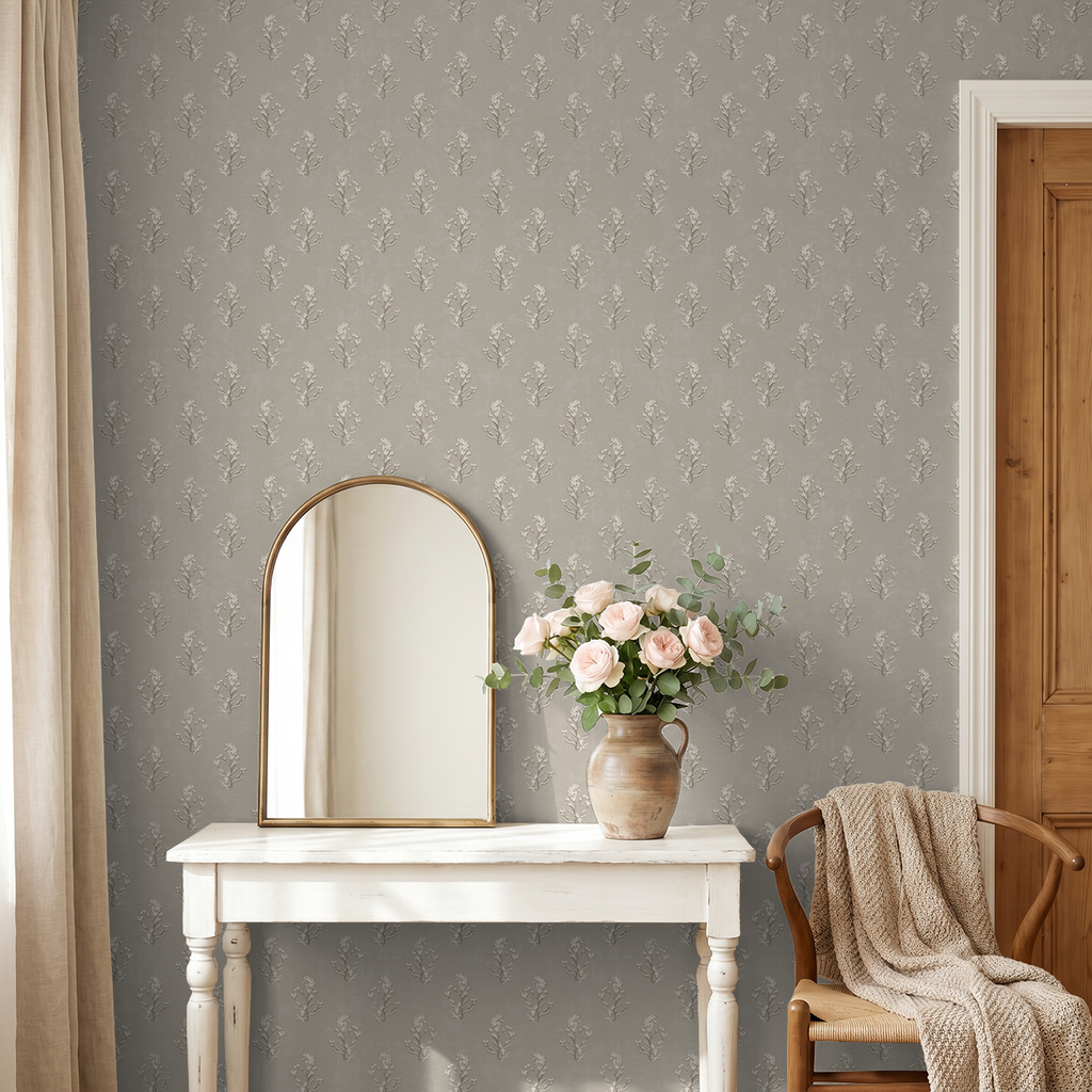 Heritage Bloom Linen wallpaper with floral pattern in elegant living room setting.