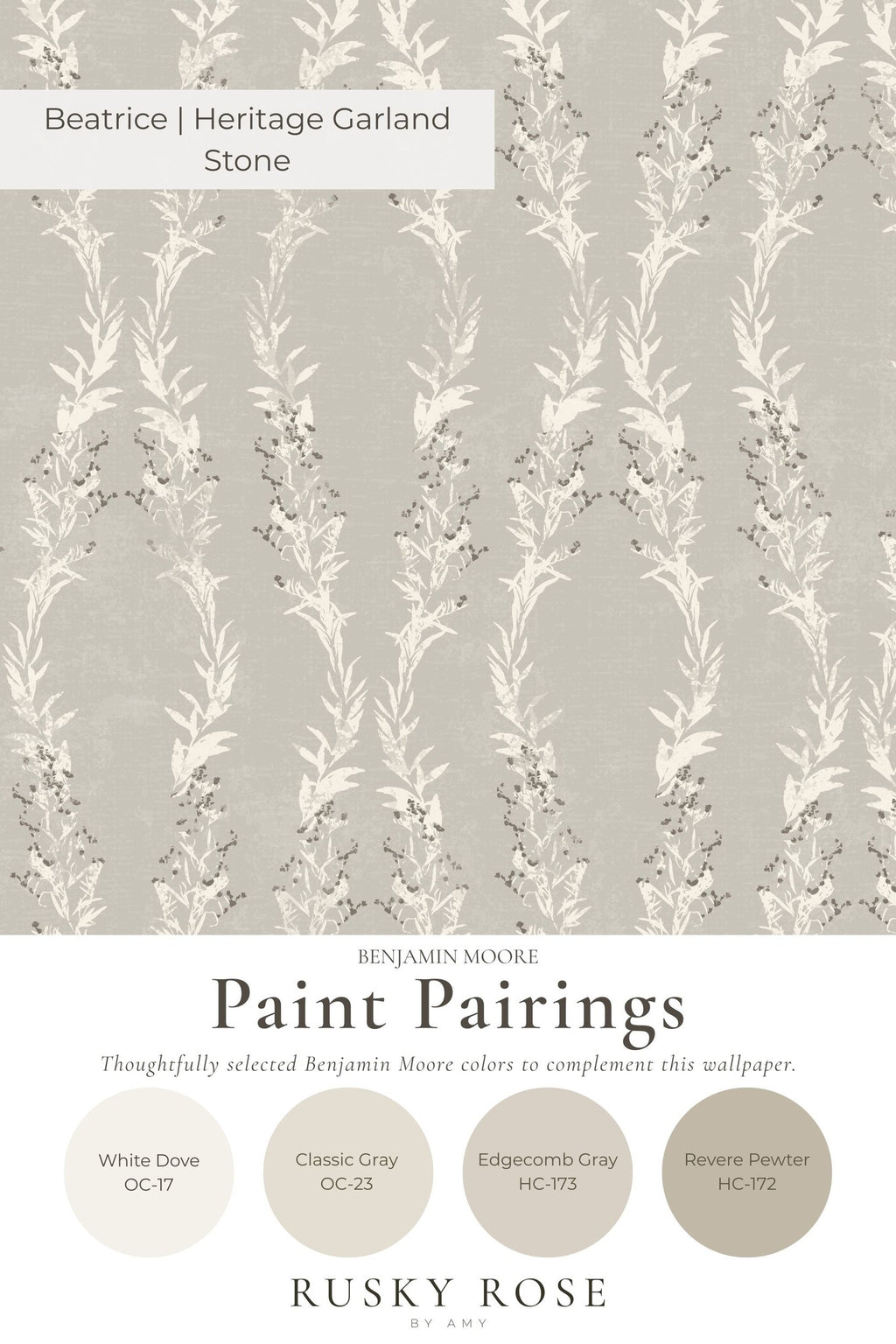 Heritage Garland Stone wallpaper with leafy garland pattern in soft stone hues.
