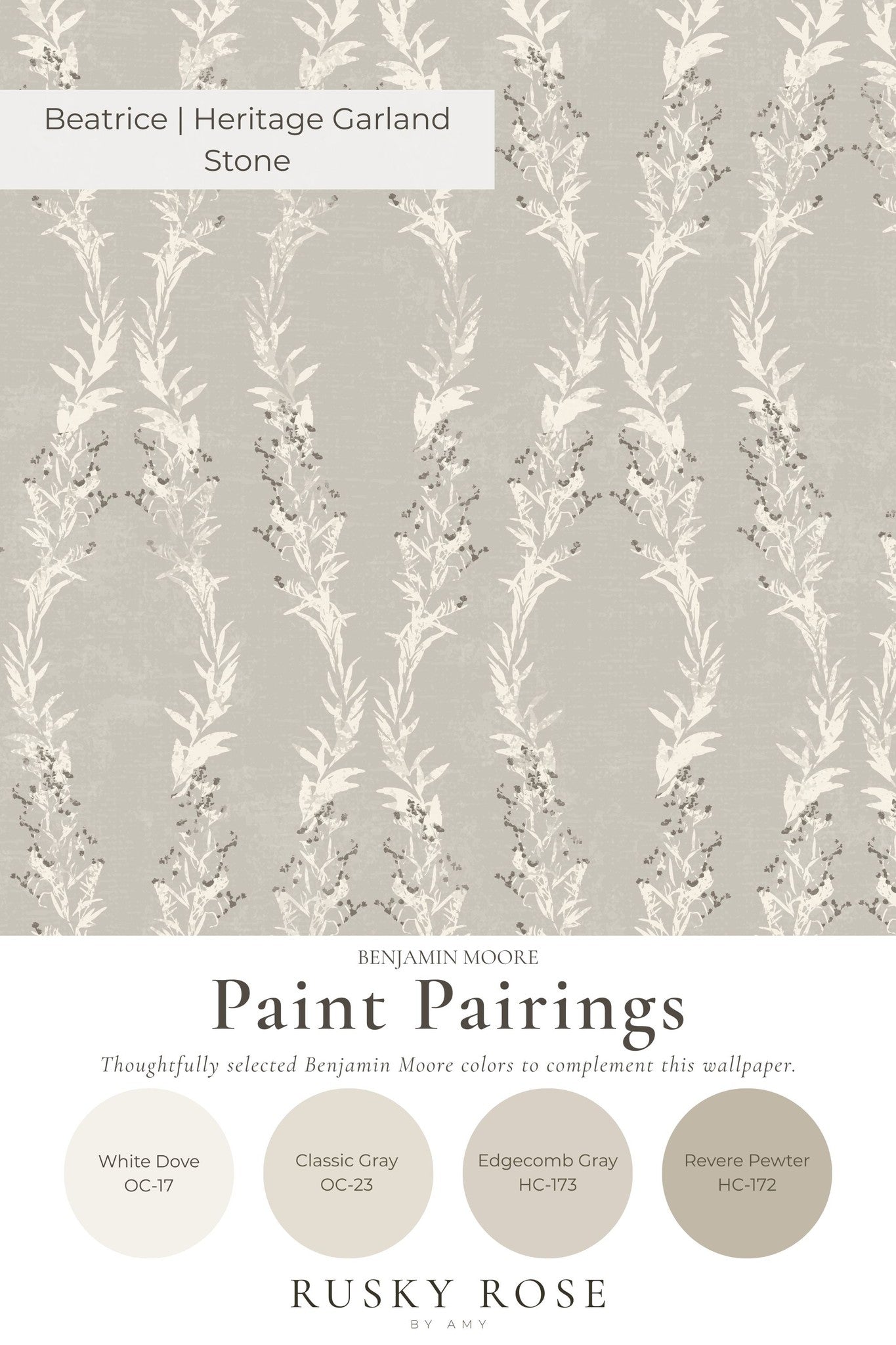 Heritage Garland Stone wallpaper with leafy garland pattern in soft stone hues.