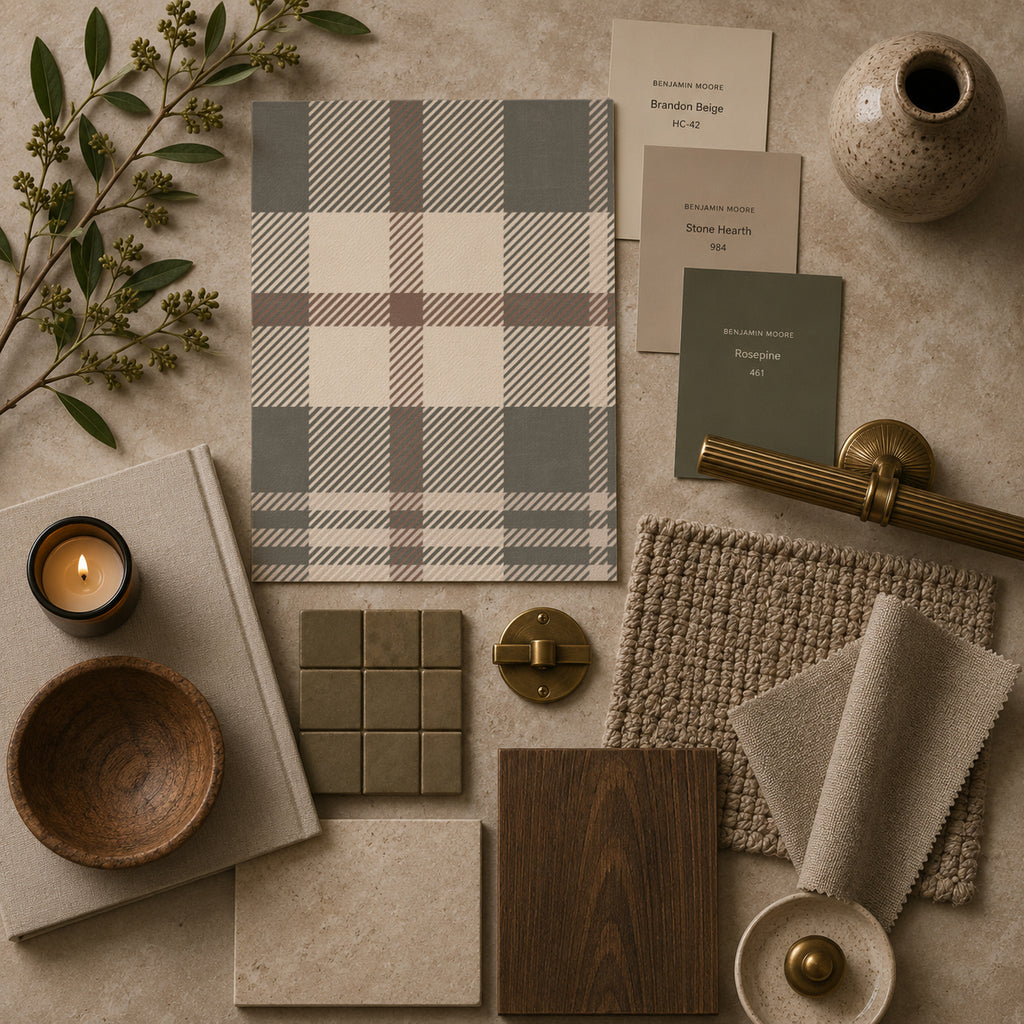 Heritage plaid cream and green wallpaper with decor samples in neutral tones.
