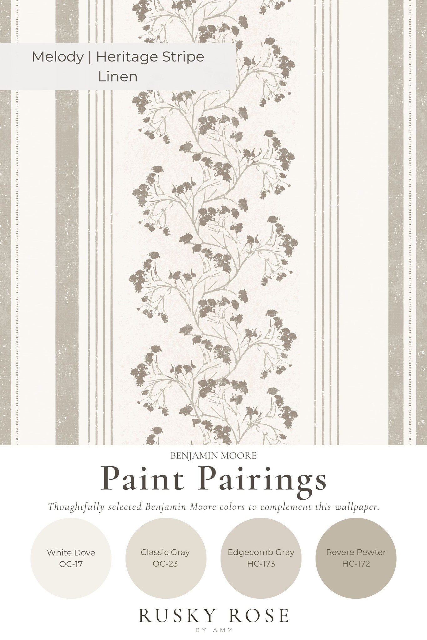 Heritage stripe linen wallpaper with taupe floral motifs and vertical stripes.