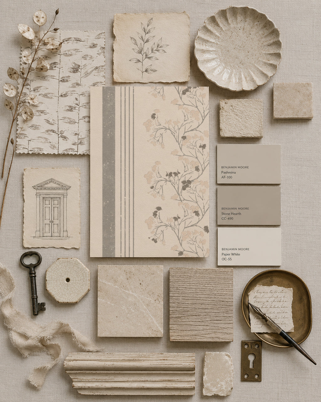 Heritage stripe wallpaper sample with floral motifs in pink and slate hues on a textured background.