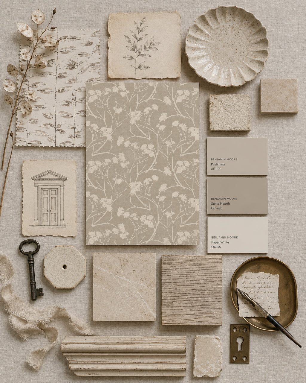 Ida Wild Meadow Stone wallpaper with floral pattern and neutral decor elements.