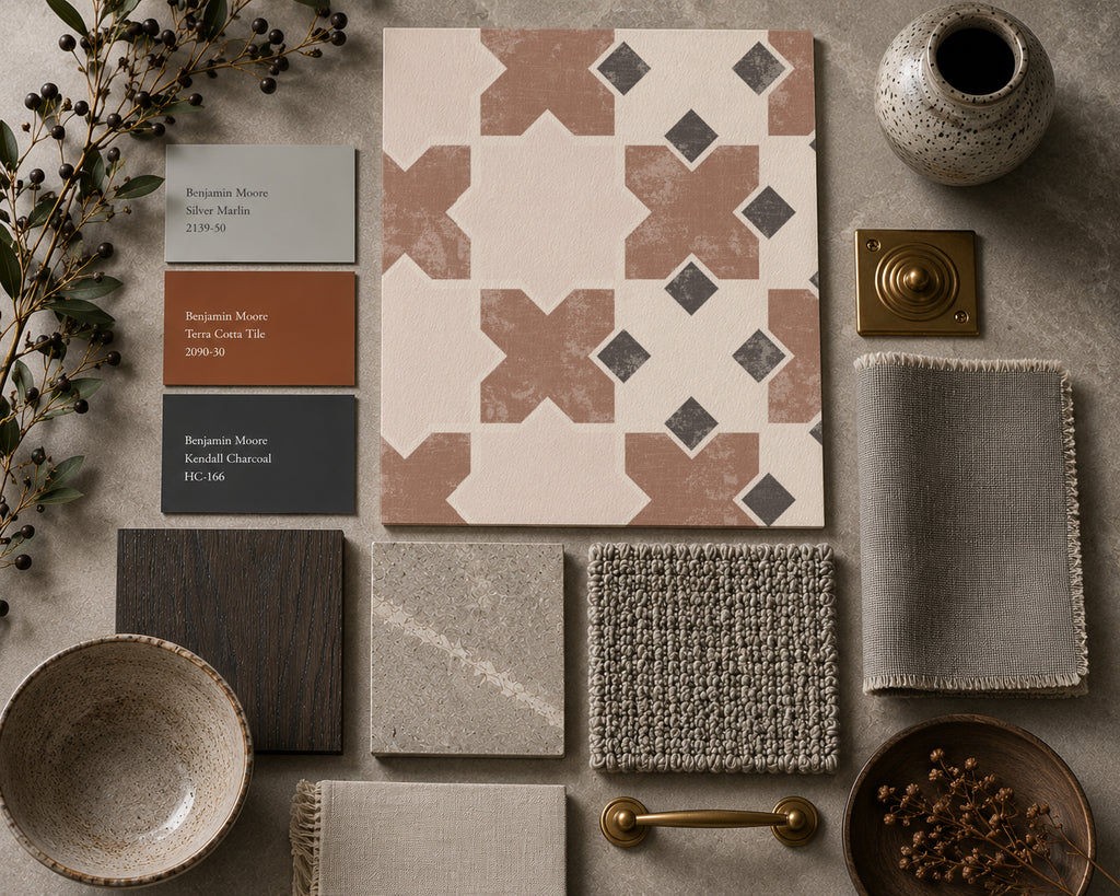 Kasbah geometric tile wallpaper in burnt orange with earthy tones and texture samples.