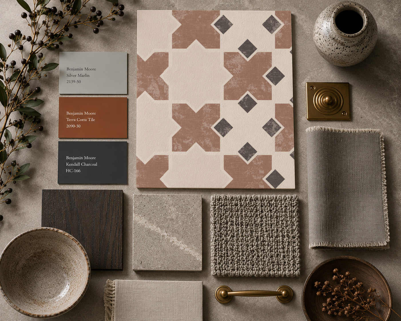 Kasbah geometric tile wallpaper in burnt orange with earthy tones and texture samples.
