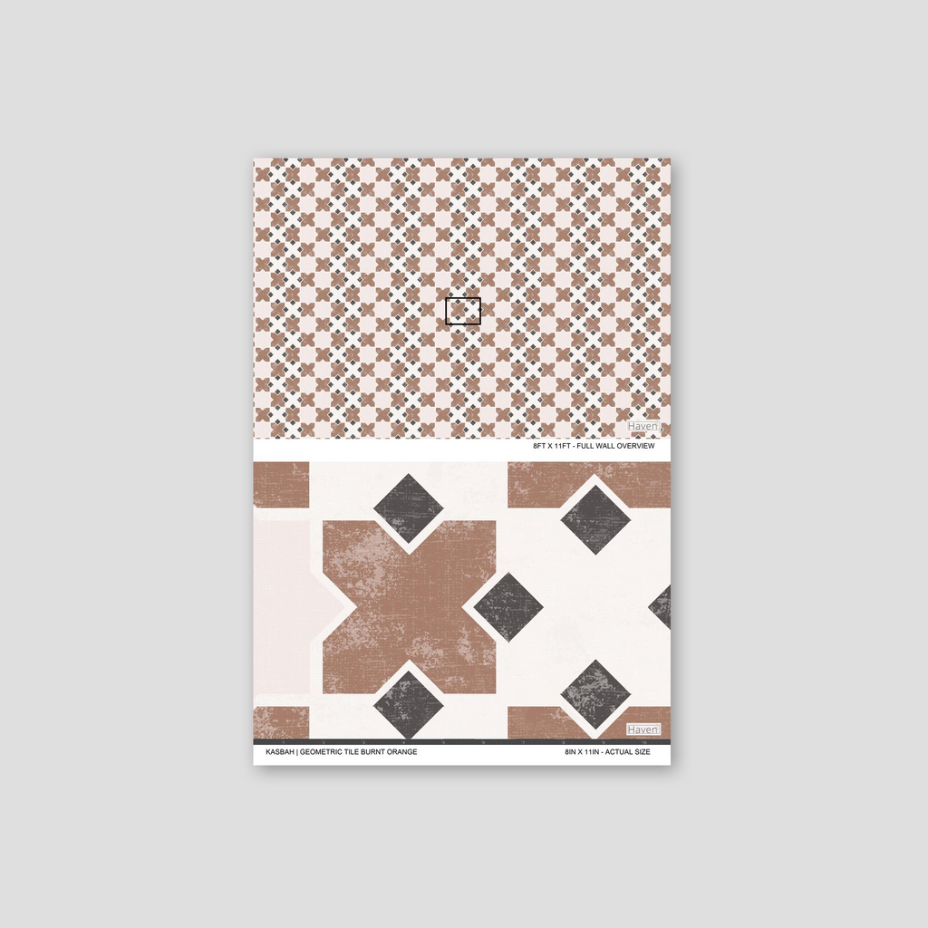 Kasbah geometric tile wallpaper in burnt orange with earthy browns and blacks.