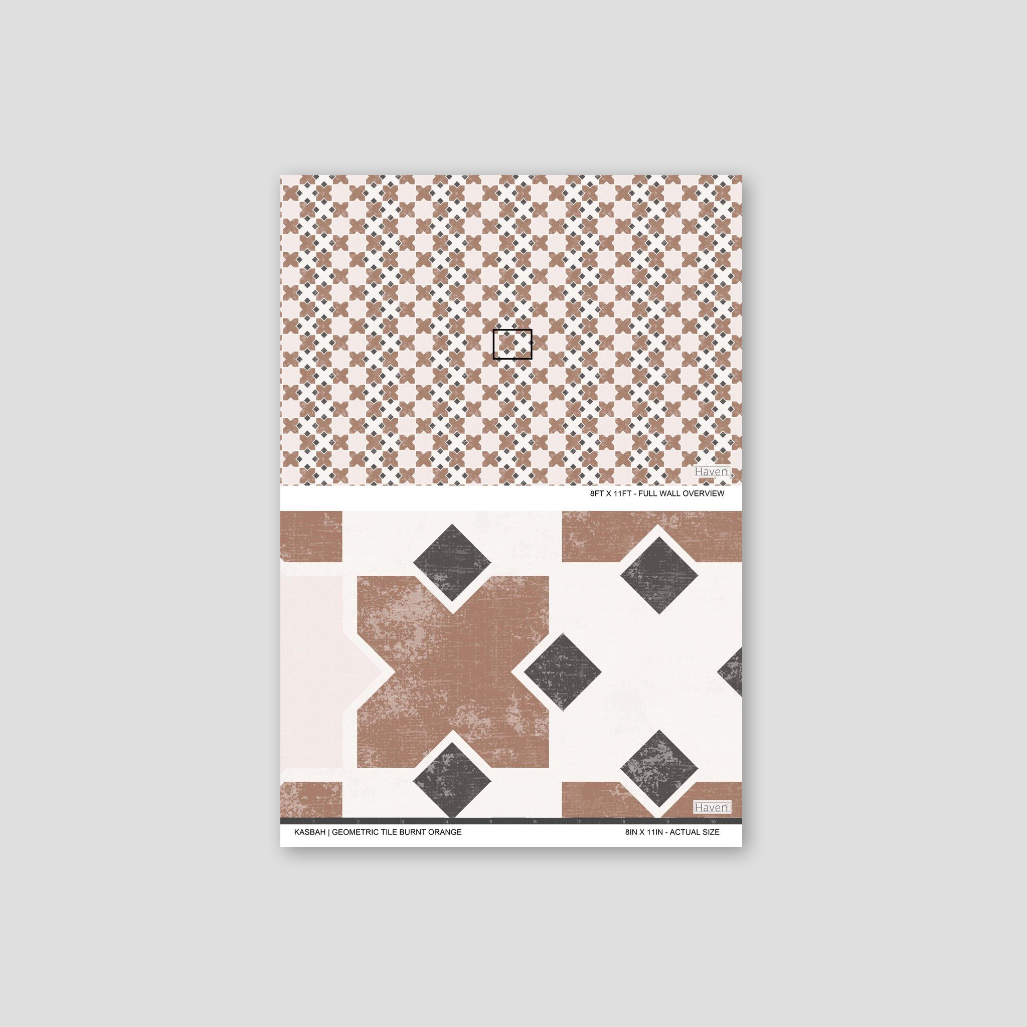 Kasbah geometric tile wallpaper in burnt orange with earthy browns and blacks.
