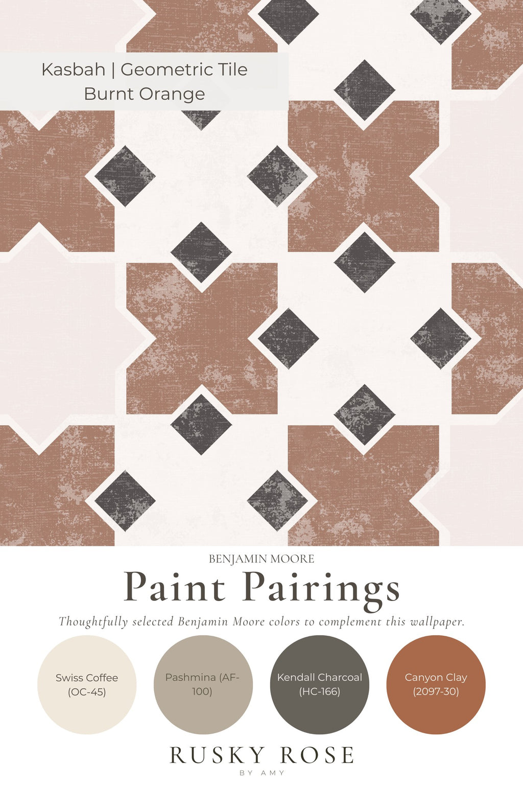 Kasbah geometric tile wallpaper in burnt orange with brown and black pattern.
