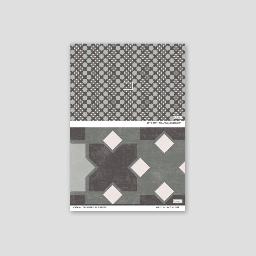 Kasbah geometric tile wallpaper in green with symmetrical pattern and muted tones.