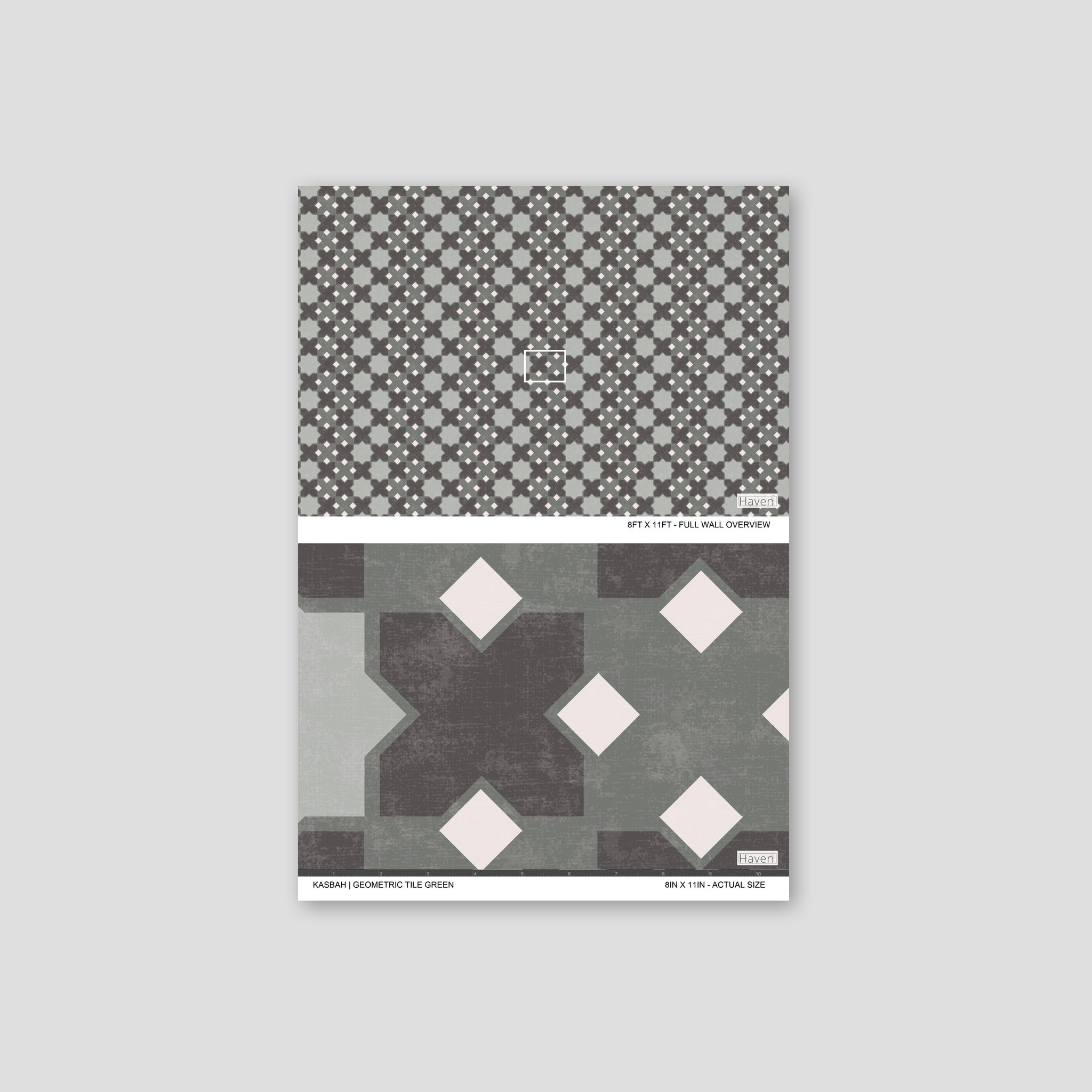 Kasbah geometric tile wallpaper in green with symmetrical pattern and muted tones.