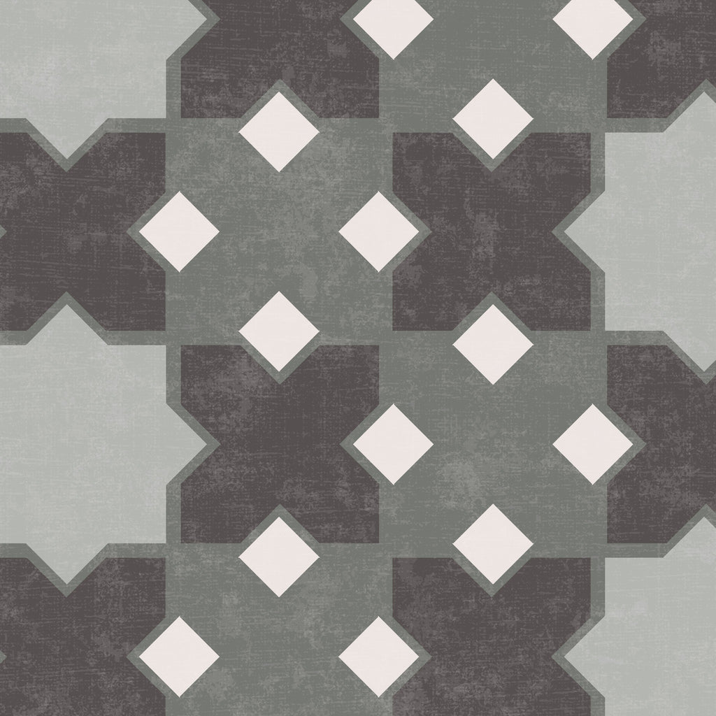 Kasbah geometric tile wallpaper in grey and off-white with symmetrical pattern.