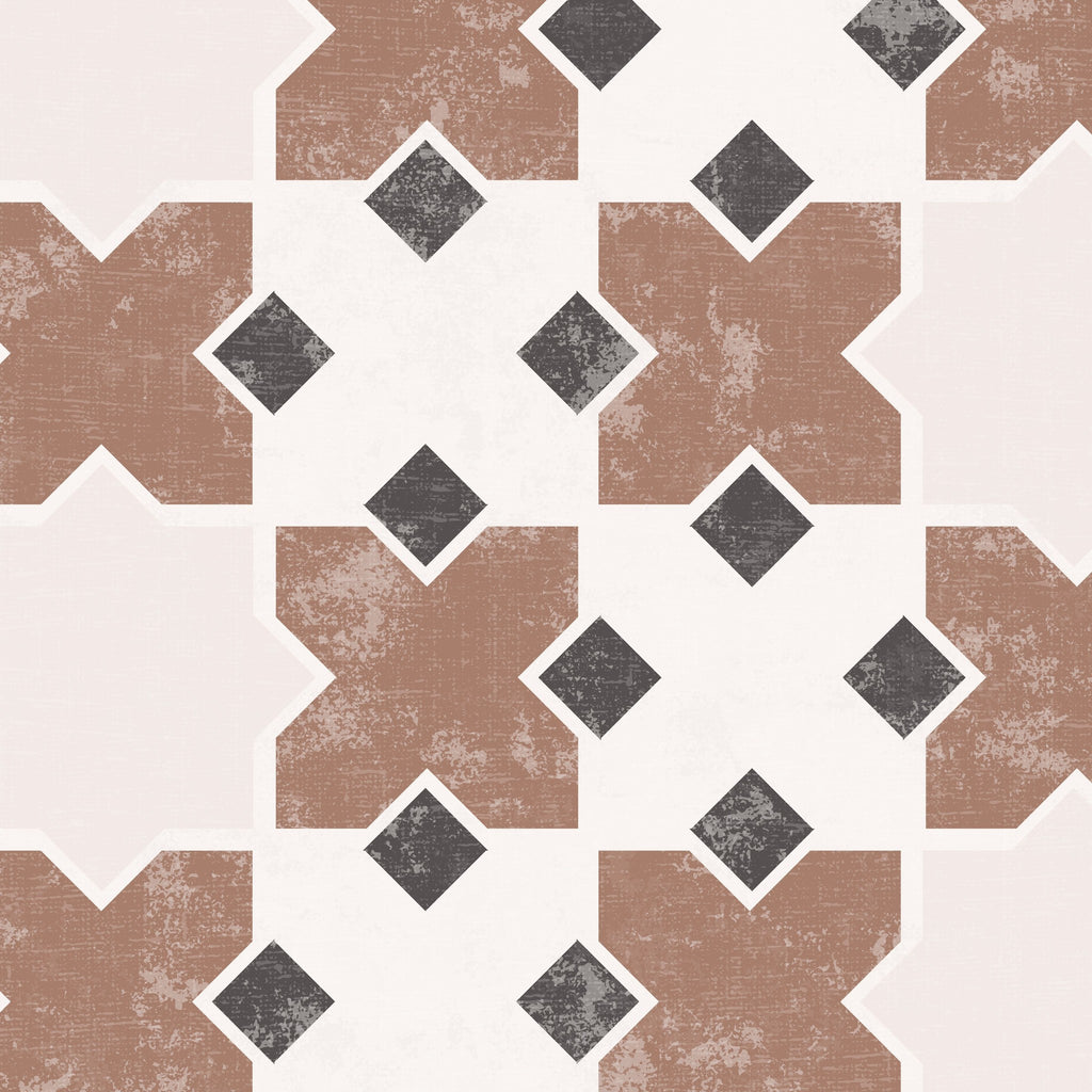 Kasbah geometric tile wallpaper in burnt orange and black with distressed texture